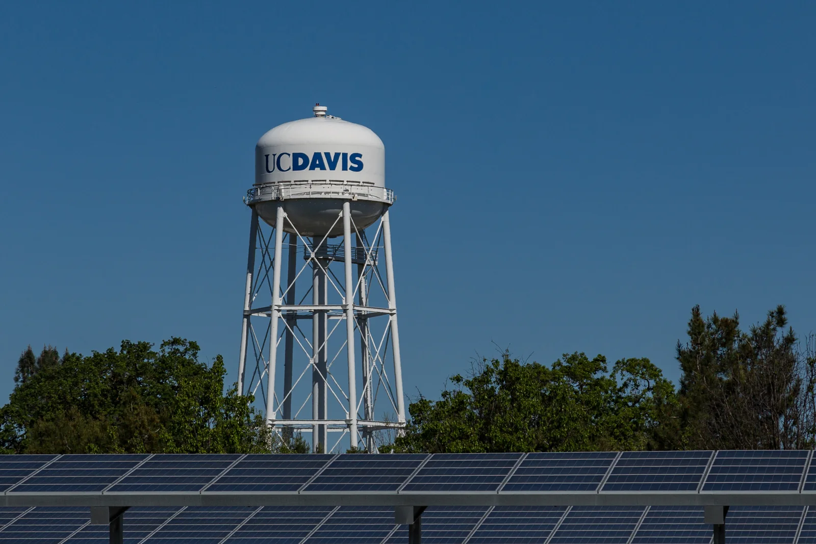UC Davis water tower and solar panels in Davis, California