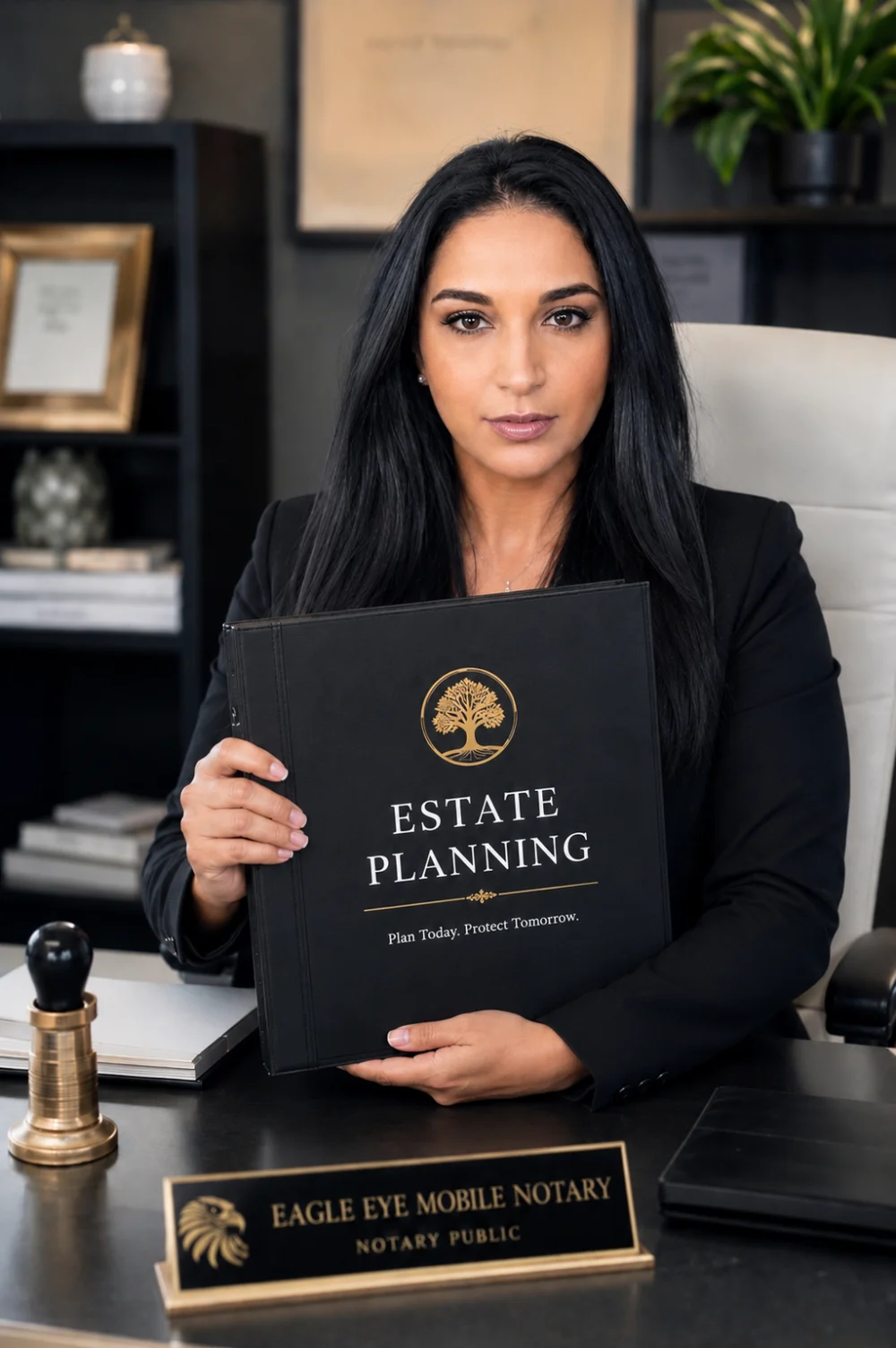 Dina of Eagle Eye Mobile Notary holding an estate planning portfolio