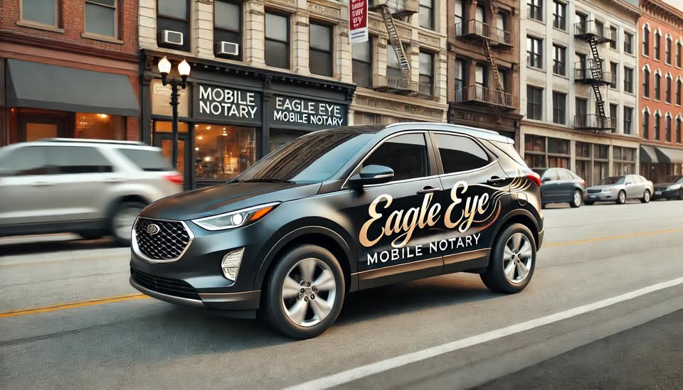 Black-and-gold Eagle Eye Mobile Notary vehicle