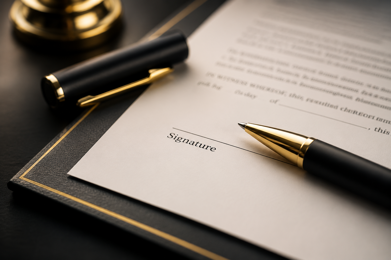 Black-and-gold pen positioned over a signature line